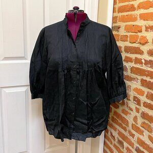 Ralph Lauren Black Linen Pintuck Bib Button Down Shirt w/Mandarin Collar
